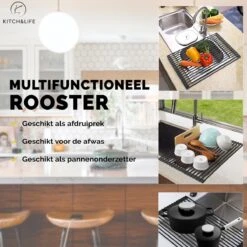 Kitch&Life Afdruiprek Oprolbaar - Mat Zwart - Pannenonderzetter - Afdruipmat - Keukenrek 3-in-1 -Huishoudelijke Schoonmaak 1200x1200 927