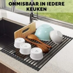Kitch&Life Afdruiprek Oprolbaar - Mat Zwart - Pannenonderzetter - Afdruipmat - Keukenrek 3-in-1 -Huishoudelijke Schoonmaak 1200x1200 931
