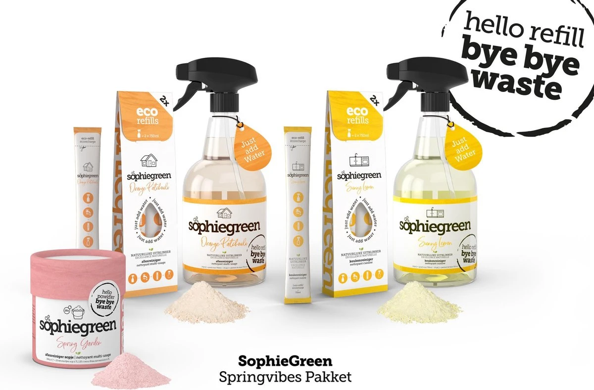 SophieGreen Voorjaarspakket; Allesreiniger + Keukenreiniger - 2x 750ml + Navullingen + Sopje Allesreiniger 100g 3 SophieGreen Voorjaarspakket; Allesreiniger + Keukenreiniger - 2x 750ml + Navullingen + Sopje Allesreiniger 100g