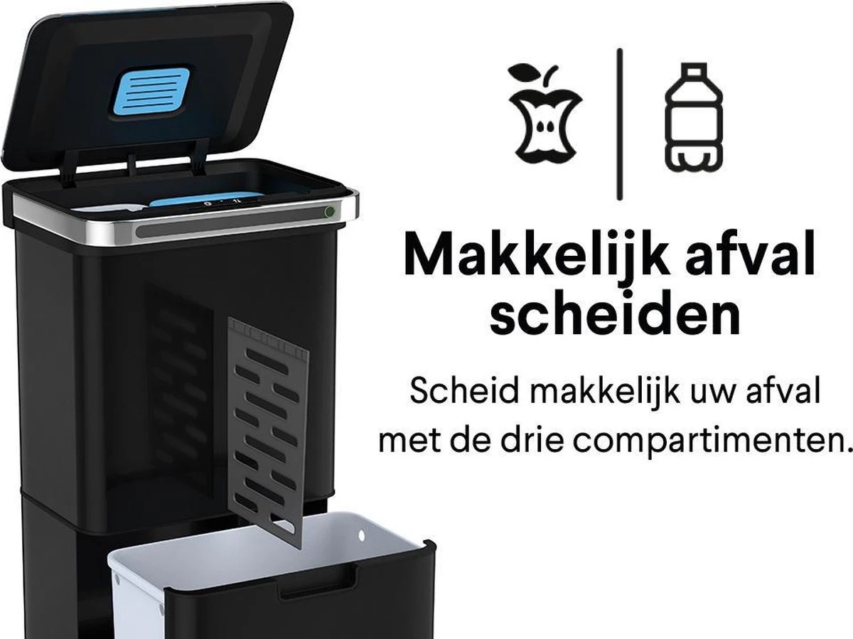 Homra DEXER Afvalscheiding Prullenbak - 4 Vakken - 60 Liter (2×18L + 2×12L) - Recycle Sensor Prullenbak - RVS Afvalemmer - Afvalscheidingsprullenbak - Design Keuken Afvalemmer - Automatische Lucht- En Bacterie Filter - Soft Close Deksel – Kleur Zwart 4 Homra DEXER Afvalscheiding Prullenbak - 4 Vakken - 60 Liter (2×18L + 2×12L) - Recycle Sensor Prullenbak - RVS Afvalemmer - Afvalscheidingsprullenbak - Design Keuken Afvalemmer - Automatische Lucht- En Bacterie Filter - Soft Close Deksel – Kleur Zwart - Afbeelding 2
