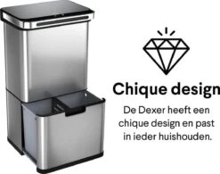 Homra DEXER Afvalscheiding Prullenbak - 4 Vakken - 60 Liter (2×18L + 2×12L) - Recycle Sensor Prullenbak - RVS Afvalemmer - Afvalscheidingsprullenbak - Design Keuken Afvalemmer - Automatische Lucht- En Bacterie Filter - Soft Close Deksel – Kleur RVS -Huishoudelijke Schoonmaak 1200x945 19