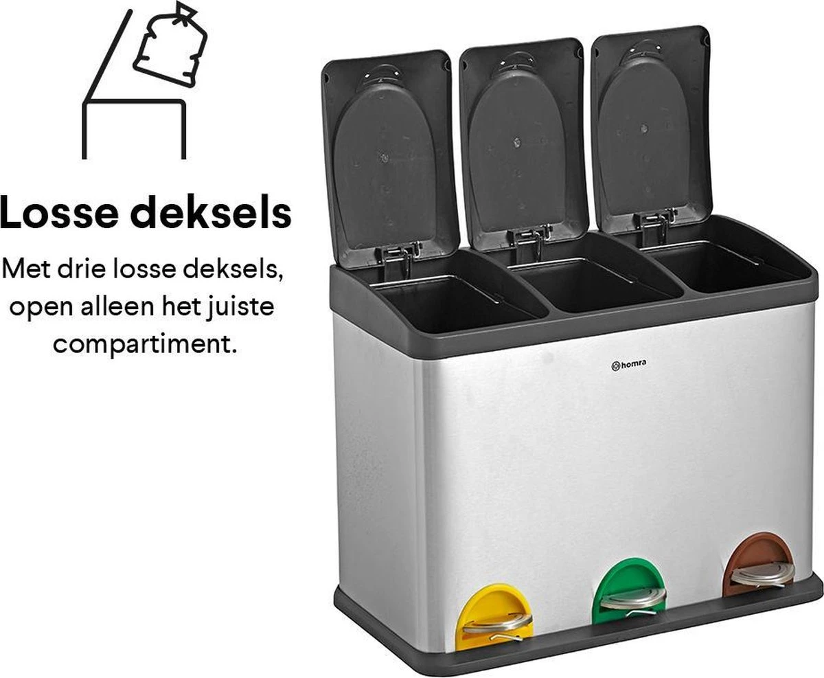 Homra STEPHS Afvalscheiding Prullenbak Met 3 Vakken - 3 X 15L Inhoud - Trio Pedaalemmer - 45 Liter - Vingerafdrukvrij - Vuilafstotend - Anti-slip - Hoogwaardig RVS - Duurzaam ABS Kunststof - RVS - Hygiënisch Recyclen - Afvalscheidingsprullenbak 9 Homra STEPHS Afvalscheiding Prullenbak Met 3 Vakken - 3 X 15L Inhoud - Trio Pedaalemmer - 45 Liter - Vingerafdrukvrij - Vuilafstotend - Anti-slip - Hoogwaardig RVS - Duurzaam ABS Kunststof - RVS - Hygiënisch Recyclen - Afvalscheidingsprullenbak - Afbeelding 7