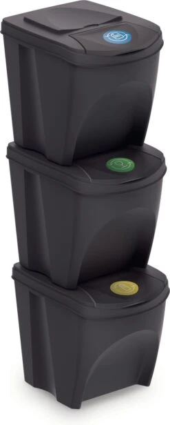 Prosperplast Set Van 3x Kunststof Afvalscheidingsbakken Antraciet/donkergrijs Van 25 Liter - Scheidingsprullenbakken