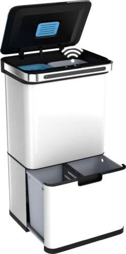 Prullenbak Met Sensor - 60 L - Afvalscheiding Vuilbak StangVollby Halden - RVS - 4 Vakken - Automatisch Lucht Filter - 60 Liter (2×18L + 2×12L) - Automatische Soft Close Deksel Met Infrarood Sensor - 4 Vaks Afvalemmer - Bacterie Filter - Wit