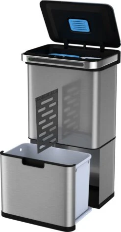 Homra DEXER Afvalscheiding Prullenbak - 4 Vakken - 60 Liter (2×18L + 2×12L) - Recycle Sensor Prullenbak - RVS Afvalemmer - Afvalscheidingsprullenbak - Design Keuken Afvalemmer - Automatische Lucht- En Bacterie Filter - Soft Close Deksel – Kleur RVS -Huishoudelijke Schoonmaak 630x1200 2