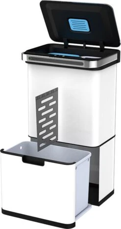 Homra DEXER Afvalscheiding Prullenbak - 4 Vakken - 60 Liter (2×18L + 2×12L) - Recycle Sensor Prullenbak - RVS Afvalemmer - Afvalscheidingsprullenbak - Design Keuken Afvalemmer - Automatische Lucht- En Bacterie Filter - Soft Close Deksel – Kleur Wit -Huishoudelijke Schoonmaak 632x1200 4