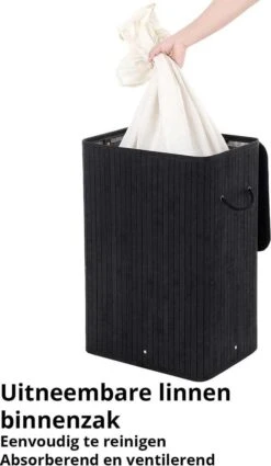 Wasmand Met Deksel 60 L - Bamboe - Zwart -Huishoudelijke Schoonmaak 697x1200