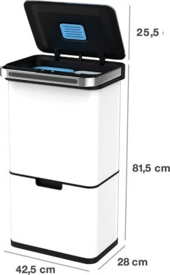 Homra DEXER Afvalscheiding Prullenbak - 4 Vakken - 60 Liter (2×18L + 2×12L) - Recycle Sensor Prullenbak - RVS Afvalemmer - Afvalscheidingsprullenbak - Design Keuken Afvalemmer - Automatische Lucht- En Bacterie Filter - Soft Close Deksel – Kleur Wit -Huishoudelijke Schoonmaak 742x1200