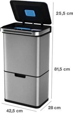Homra DEXER Afvalscheiding Prullenbak - 4 Vakken - 60 Liter (2×18L + 2×12L) - Recycle Sensor Prullenbak - RVS Afvalemmer - Afvalscheidingsprullenbak - Design Keuken Afvalemmer - Automatische Lucht- En Bacterie Filter - Soft Close Deksel – Kleur RVS -Huishoudelijke Schoonmaak 776x1200 5