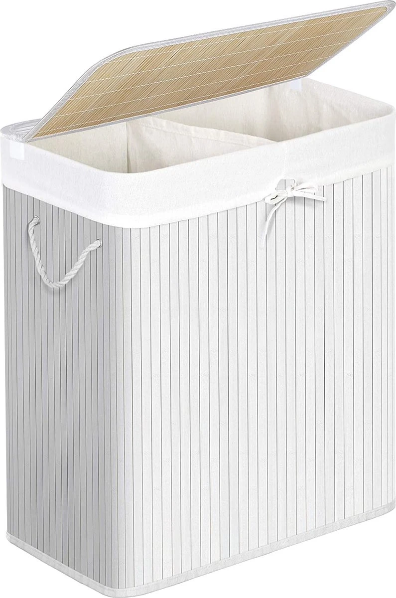 IBella Living - Wasmand Met 2 Vakken - Bamboe Wassorteerder - 100 Liter Wit 3 IBella Living - Wasmand Met 2 Vakken - Bamboe Wassorteerder - 100 Liter Wit