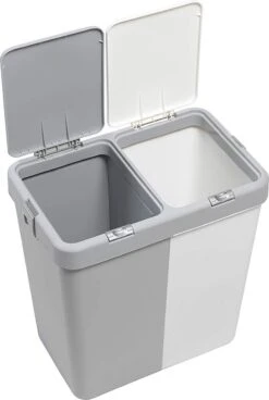 Motek® - Wasmand - 2 Vakken Met Deksel - Met Touch Deksel - Gemaakt Van 100% Gerecycled Kunststof - 80 L - Wasmand Met Deksel - Wassorteerder - Grijs - Wit -Huishoudelijke Schoonmaak 806x1200 1