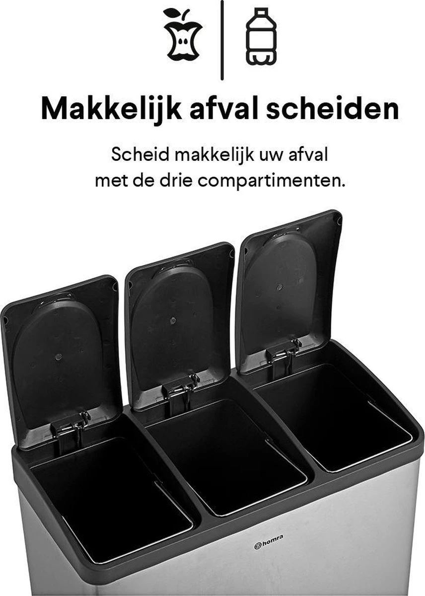 Homra STEPHS Afvalscheiding Prullenbak Met 3 Vakken - 3 X 15L Inhoud - Trio Pedaalemmer - 45 Liter - Vingerafdrukvrij - Vuilafstotend - Anti-slip - Hoogwaardig RVS - Duurzaam ABS Kunststof - RVS - Hygiënisch Recyclen - Afvalscheidingsprullenbak 20 Homra STEPHS Afvalscheiding Prullenbak Met 3 Vakken - 3 X 15L Inhoud - Trio Pedaalemmer - 45 Liter - Vingerafdrukvrij - Vuilafstotend - Anti-slip - Hoogwaardig RVS - Duurzaam ABS Kunststof - RVS - Hygiënisch Recyclen - Afvalscheidingsprullenbak - Afbeelding 18