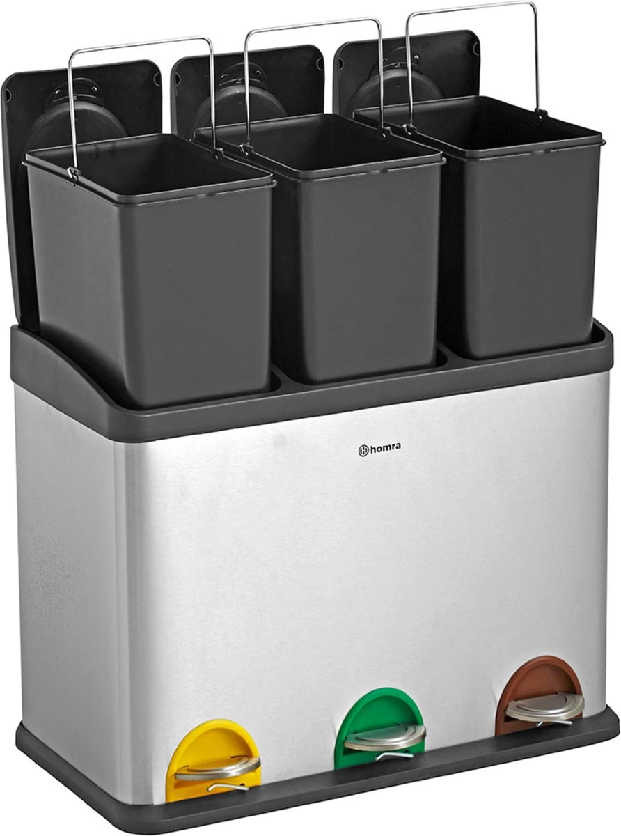 Homra STEPHS Afvalscheiding Prullenbak Met 3 Vakken - 3 X 15L Inhoud - Trio Pedaalemmer - 45 Liter - Vingerafdrukvrij - Vuilafstotend - Anti-slip - Hoogwaardig RVS - Duurzaam ABS Kunststof - RVS - Hygiënisch Recyclen - Afvalscheidingsprullenbak 3 Homra STEPHS Afvalscheiding Prullenbak Met 3 Vakken - 3 X 15L Inhoud - Trio Pedaalemmer - 45 Liter - Vingerafdrukvrij - Vuilafstotend - Anti-slip - Hoogwaardig RVS - Duurzaam ABS Kunststof - RVS - Hygiënisch Recyclen - Afvalscheidingsprullenbak